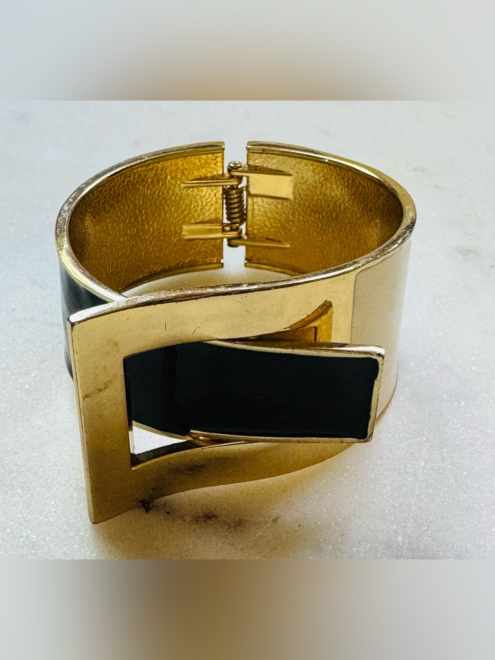 Gold-Tone Black and White Enamel Buckle Clamper Bracelet - Picture 11 of 11